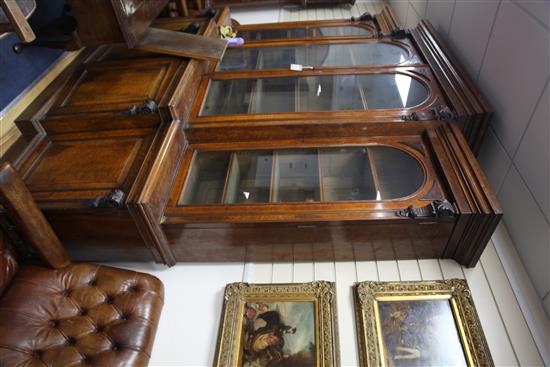 A good Victorian pollard oak breakfront library bookcase, W.8ft D.1ft 10in. H. including detached pediment scrolls 9ft 2in.